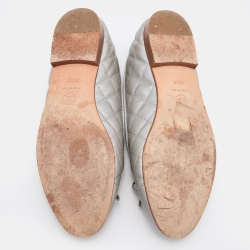 Pre Owned Chanel Grey Quilted Caviar Leather CC Cap Toe Bow Ballet Flats Size 38.5