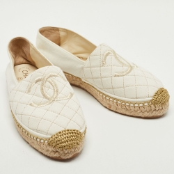 Chanel White Canvas Interlocking CC Logo Espadrilles Loafers Size 39