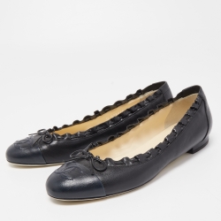Pre Owned Chanel Black Leather CC Cap Toe Ballet Flats Size 40.5