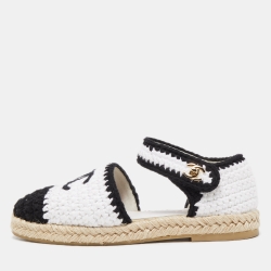 Chanel White/Black Embroidery Ankle Strap Espadrilles Size 37 Chanel