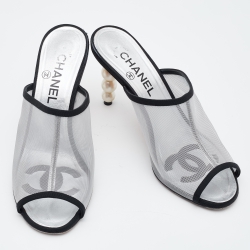Chanel Silver/Black Mesh and Canvas Pearl Heels Slide Mules Size 37.5