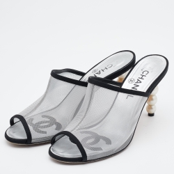Chanel Silver/Black Mesh and Canvas Pearl Heels Slide Mules Size 37.5