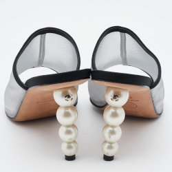 Chanel Silver/Black Mesh and Canvas Pearl Heels Slide Mules Size 37.5