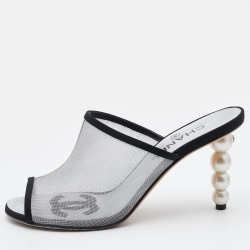 Chanel Silver/Black Mesh and Canvas Pearl Heels Slide Mules Size 37.5 Chanel