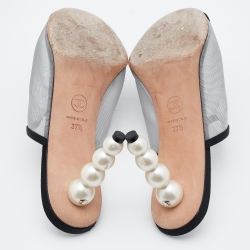 Chanel Silver/Black Mesh and Canvas Pearl Heels Slide Mules Size 37.5