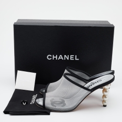 Chanel Silver/Black Mesh and Canvas Pearl Heels Slide Mules Size 37.5