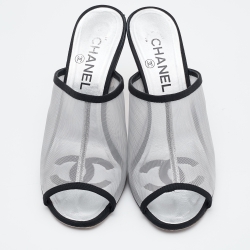 Chanel Silver/Black Mesh and Canvas Pearl Heels Slide Mules Size 37.5