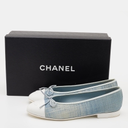 Pre Owned Chanel Blue/White Canvas and Leather Bow CC Cap Toe Ballet Flats Size 37