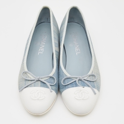 Pre Owned Chanel Blue/White Canvas and Leather Bow CC Cap Toe Ballet Flats Size 37