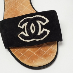 Pre Owned Chanel Black Suede Embroidered CC Flat Slides Size 39.5