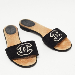 Pre Owned Chanel Black Suede Embroidered CC Flat Slides Size 39.5