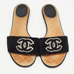 Pre Owned Chanel Black Suede Embroidered CC Flat Slides Size 39.5