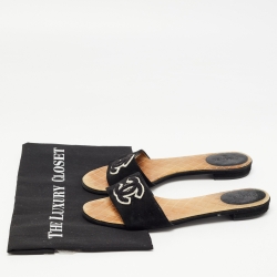 Pre Owned Chanel Black Suede Embroidered CC Flat Slides Size 39.5