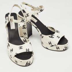 Pre Owned Chanel White Leather CC Logo Ankle Strap Sandals Size 39.5