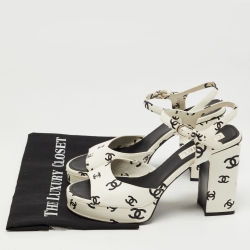 Pre Owned Chanel White Leather CC Logo Ankle Strap Sandals Size 39.5