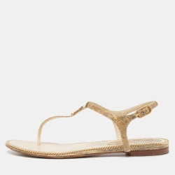 Chanel Beige Lizard Embossed Leather CC Flat Thong Sandals Size 37.5
