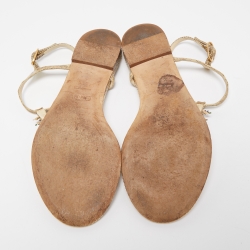 Chanel Beige Lizard Embossed Leather CC Flat Thong Sandals Size 37.5