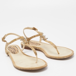 Chanel Beige Lizard Embossed Leather CC Flat Thong Sandals Size 37.5