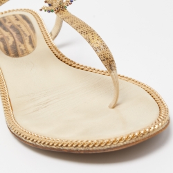 Chanel Beige Lizard Embossed Leather CC Flat Thong Sandals Size 37.5