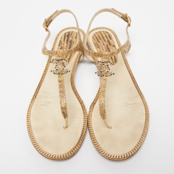 Chanel Beige Lizard Embossed Leather CC Flat Thong Sandals Size 37.5
