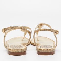 Chanel Beige Lizard Embossed Leather CC Flat Thong Sandals Size 37.5