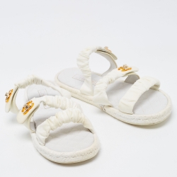 Pre Owned Chanel White Fabric Quilted CC Logo Strappy Flat Sandals Size 40
