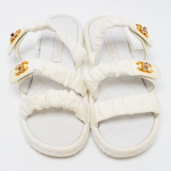 Pre Owned Chanel White Fabric Quilted CC Logo Strappy Flat Sandals Size 40