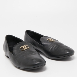 Pre Owned Chanel Black Leather CC Slip On Smoking Slippers Size 40