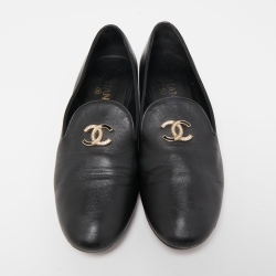 Pre Owned Chanel Black Leather CC Slip On Smoking Slippers Size 40