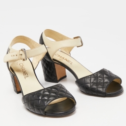 مملوكة مسبقًا Chanel Black/Beige Quilted Leather CC Ankle Strap Sandals Size 38.5