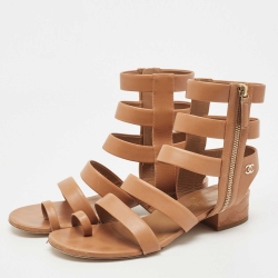 Chanel Brown Interlocking Leather CC Logo Gladiator Sandals Size 38