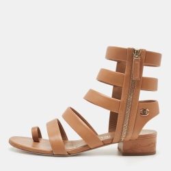 Chanel Brown Interlocking Leather CC Logo Gladiator Sandals Size 38