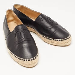 Pre Owned Chanel Black Leather CC Cap Toe Espadrilles Size 38  