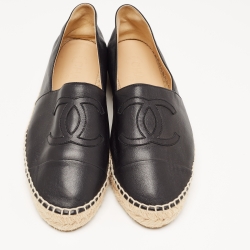 Pre Owned Chanel Black Leather CC Cap Toe Espadrilles Size 38  