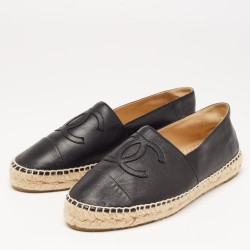Pre Owned Chanel Black Leather CC Cap Toe Espadrilles Size 38  