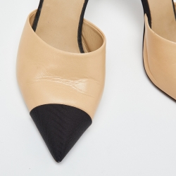 Chanel Beige/Black Leather and Canvas CC Faux Pearl Embellished Heel Slip On Mules Size 38.5