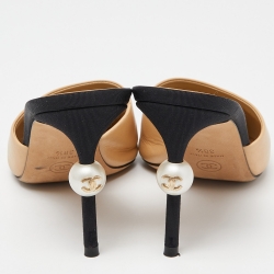 Chanel Beige/Black Leather and Canvas CC Faux Pearl Embellished Heel Slip On Mules Size 38.5