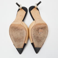 Chanel Beige/Black Leather and Canvas CC Faux Pearl Embellished Heel Slip On Mules Size 38.5