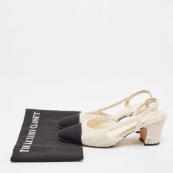 Pre Owned Chanel Off White/Black Tweed and Fabric CC D'orsay Slingback Pumps Size 37.5