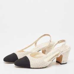 Pre Owned Chanel Off White/Black Tweed and Fabric CC D'orsay Slingback Pumps Size 37.5