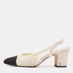 Pre Owned Chanel Off White/Black Tweed and Fabric CC D'orsay Slingback Pumps Size 37.5