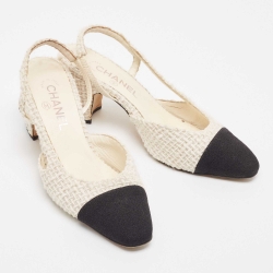 Pre Owned Chanel Off White/Black Tweed and Fabric CC D'orsay Slingback Pumps Size 37.5