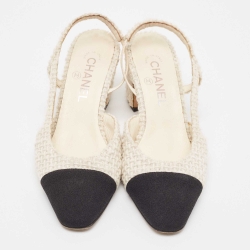 Pre Owned Chanel Off White/Black Tweed and Fabric CC D'orsay Slingback Pumps Size 37.5