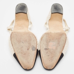 Pre Owned Chanel Off White/Black Tweed and Fabric CC D'orsay Slingback Pumps Size 37.5