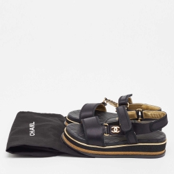 Pre Owned Chanel Black Satin CC Velcro Strap Flat Sandals Size 36