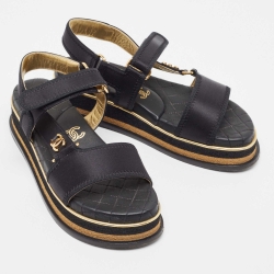 Pre Owned Chanel Black Satin CC Velcro Strap Flat Sandals Size 36