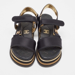 Pre Owned Chanel Black Satin CC Velcro Strap Flat Sandals Size 36