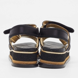 Pre Owned Chanel Black Satin CC Velcro Strap Flat Sandals Size 36