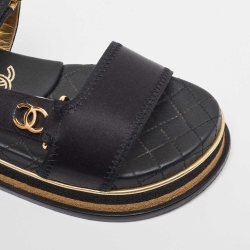 Pre Owned Chanel Black Satin CC Velcro Strap Flat Sandals Size 36