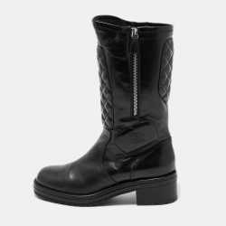 Pre Owned Chanel Black Quilted Leather Mid Calf Boots Size 41.5